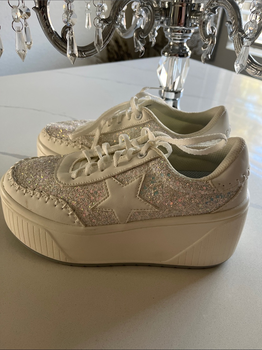 Lucky Step Cream Glitter Lace-Up Athletic Sneakers